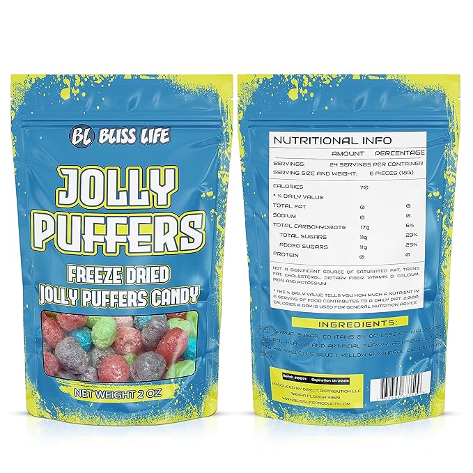Bliss Life Jolly Puffers Freeze Dried Candy Variety Pack 2 oz, Freeze Dried Sour Candy, Unique Novelty, ASMR Candy - Great for the Tiktok Trend
